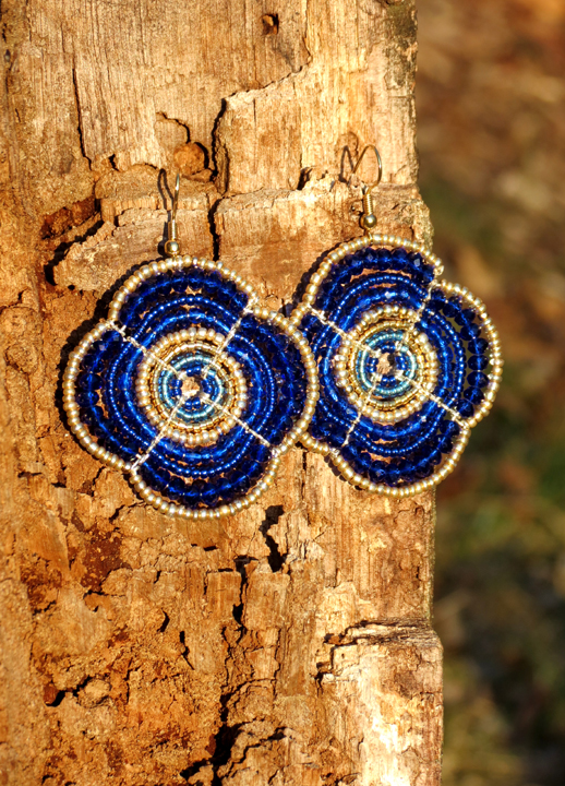 Cobalt and gold maasai beaded earrings flower shape